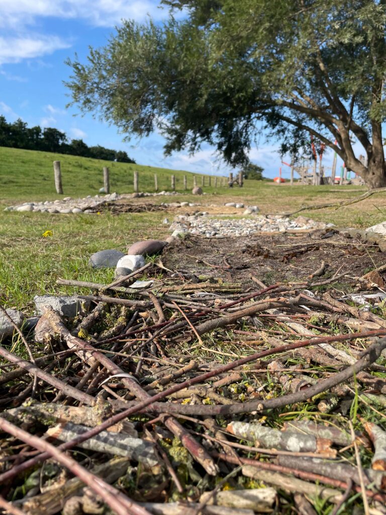 Nahaufnahmen von einem Barfußpark mit kleinen Stöckern.